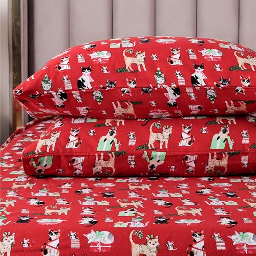 Elegant Comfort Ultra Soft 4-Piece 100% Turkish Cotton Flannel Sheet Set - Holiday Christmas Flannel Sheets, Warm and Cozy Premium Quality, Deep Pocket Fitted Sheet- Twin, Cats in Holiday