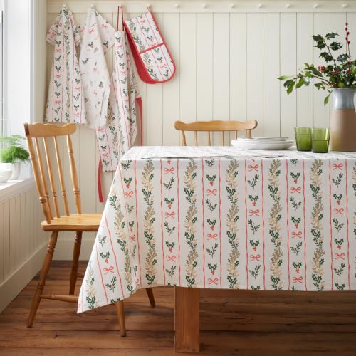 Catherine Lansfield Christmas Holly Stripe 137x178cm Table Cloth Cream/Red