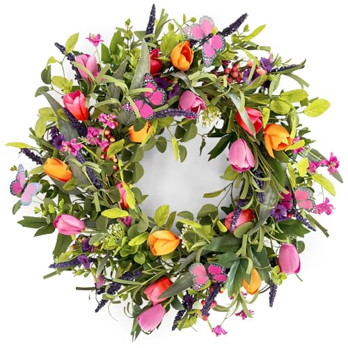 "24"" Wreaths for Front Door, Wreath with Tulip Wreath, Butterfly, Lavender and Eucalyptus, Vivid Artificial Floral Wreath for Wall Window Farmhouse Party Holiday Home Décor"