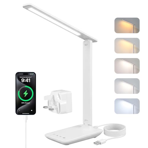 LED desk lamps office, dimmable desk light, LED table lamp with 5 colours and 5 brightness levels, reading lamp with USB charging port, touch control for children, bedrooms, reading, offices (White)