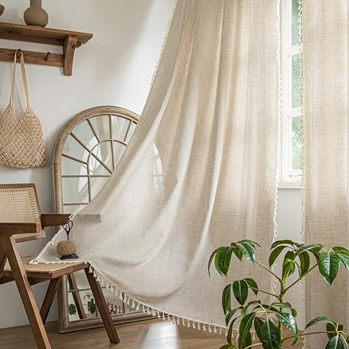 "Sutuo Home Boho Curtains 63 Inches Long, Bohemian Linen Style Textured Curtains with Tassels for Living Room, Semi Blackout Farmhouse Drapes, Rod Pocket Window Treatments 2 Panels, 52"" x 63"", Natural"