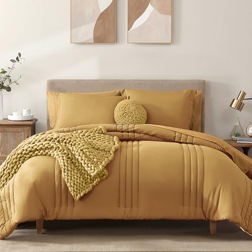 Monbix Queen Comforter Set-7 Pieces Soft Bed in a Bag Queen Bedding Sets - Monbix All-Season Vertical Quilted Comforter with Sheets, Pillow Shams & Pillowcases, Desert Yellow