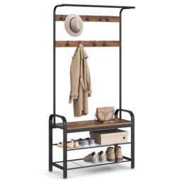 VASAGLE Coat Rack, Coat Stand with Shoe Storage Bench, 4-in-1 Design, with 9 Removable Hooks, a Clothes Rail, for Hallway, Entrance, 33.7 x 84 x 183 cm, Industrial, Rustic Brown and Black HSR400B01