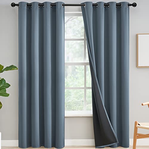 Yakamok 100% Blackout Privacy Curtains for Bedroom 96 Inch Length, Light Blocking Drapes with Black Backing, Thermal Insulated Solid Grommet Panels for Living Room, 52Wx96L, Stone Blue, 2 Panels