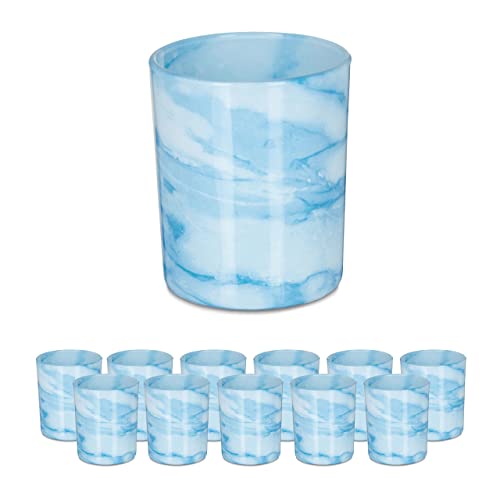 Relaxdays Tealight Holders, Set of 12, Marble Look, Blue/Cream, 100% Glass, 8.5 x 7 cm, Versatile Decor for Indoor and Outdoor Use