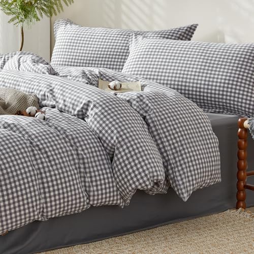 SAPHREAS Gingham Duvet Cover Set Queen Size, 100% Washed Cotton Linen Like Plaid Comforter Cover with Zipper Closure & Corner Ties (No Comforter), 90x90 Grey