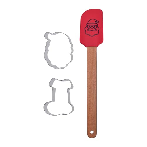 Zenker Christmas Baking Set, Silicone Spatula & 2 Cookie Cutters, Santa & Stocking, Non-Stick Non-Scratch with Father Christmas Motif, Stainless Steel Cutters, Red Kitchen Tool & Silver Cutters