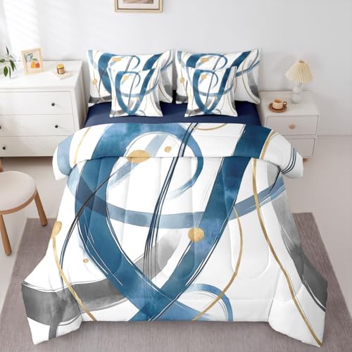Erosebridal Blue Abstract 7 Piece Comforter Set King Modern Gold Grey Line Bedding Set Minimalist Simple Cool Unique Geometric Comforter for Man Teens Fashion Aesthetic Sheet Set Room Decor