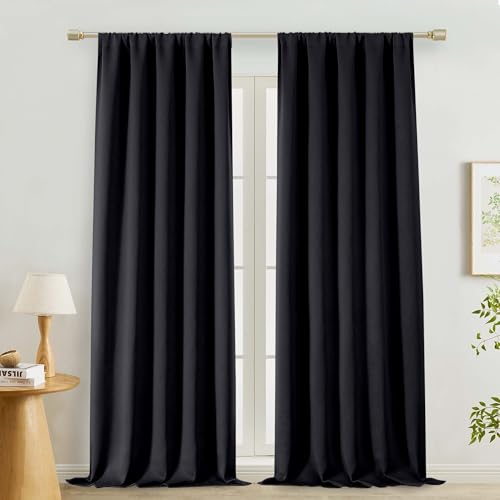 "Lecloud Halloween Black Blackout Curtains 96 Inches Long 2 Panels, Solid Thermal Insulated Rod Pocket Window Curtain Drapes, Privacy Black Out Home Decor Curtain for Living Room Bedroom, 50"" W x 96"" L"