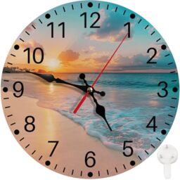 Britimes Round Wall Clock Non-Ticking Silent Battery Operated Clock 10 Inch, Sea Beach Blue Sky Sand Home Decor for Living Room, Kitchen, Bedroom, and Office