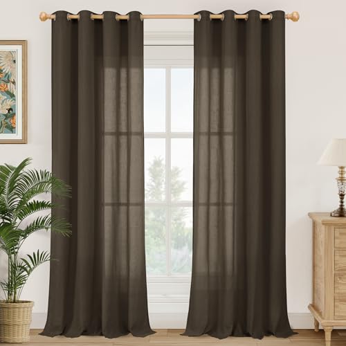 YoungsTex Dark Brown Linen Curtains 84 Inches Length for Living Room, Chocolate Light Filtering Drapes with Grommet Privacy for Dining Bedroom, 2 Panels, 52 X 84 Inch
