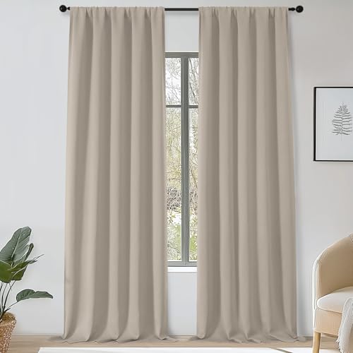 OWENIE Sally Extra Stone Blackout Curtains 120 Inches Long 2 Panels Set for Bedroom Living Room, Solid Thermal Insulated Privacy Room Darkening Window Treatment Drapes, 2 Pcs Each W50 x L120 Inch