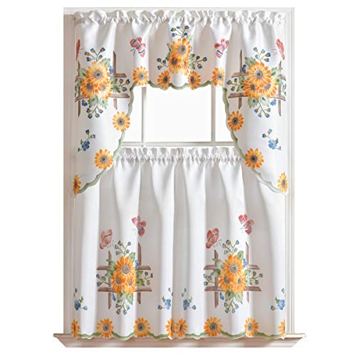 GOHD 3pcs Farmhouse Kitchen Cafe Curtain Set Air brushed by Hand of Sunflower and Butterfly Design on Thick Satin Fabric (Swag and 36 inches Tiers Set)