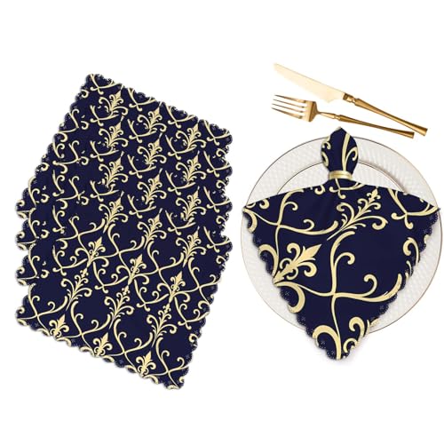Yibeas Baroque, Damask Cloth Napkins Set of 4 Soft Gold and Blue-Black Ornament Polyester Dinner Napkin for Family Restaurant Weddings Parties