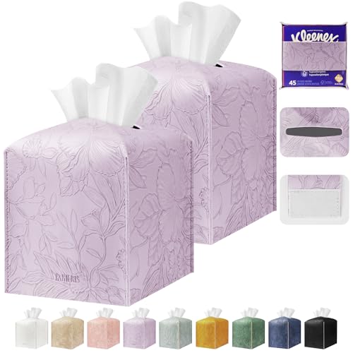 Tissue Box Holder Cover Square Tissue Cube Cover PU Leather Tissue Organizer with Bottom Belt for Bathroom, Tabletop, Kitchen, Night Stands, Office, Home, Car (2, Lightpurple)