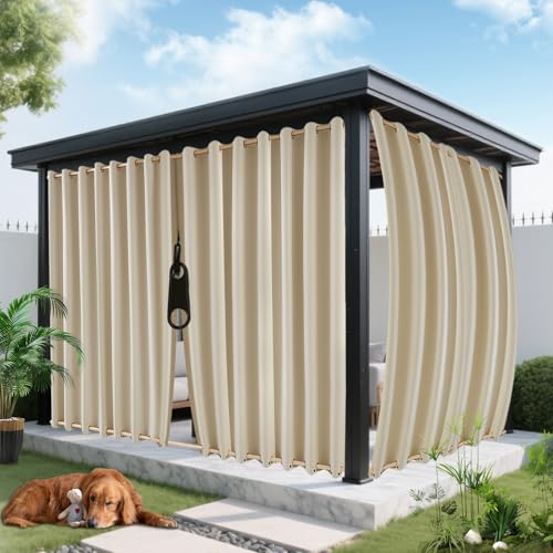 ROFASVCO Outdoor Curtains for Patio Waterproof, Zipper Design 2 Panels Privacy Weatherproof Blackout Curtain Top & Bottom Grommet Outside Drapes for Porch Gazebo Pergola (110 x 108 inch, Beige)