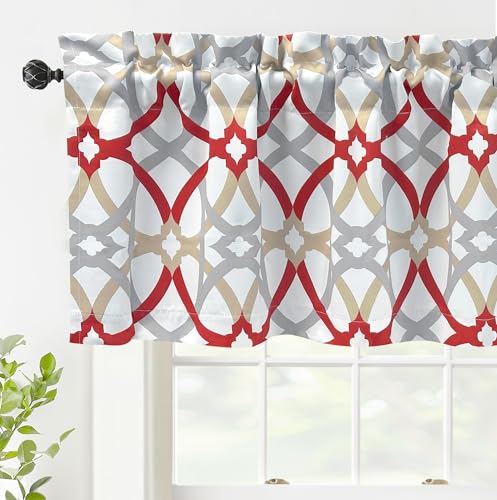 DriftAway Alexander Spiral Geo Trellis Pattern Window Curtain Valance Rod Pocket 52 Inch by 18 Inch Plus 2 Inch Header (Red and Gray) 1 Pack