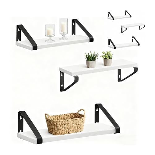 Relaxdays Wall Shelves Set of 6, Wooden & Metal, 30/35/40 cm, for Books & Decor, White