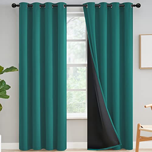 Yakamok 100% Blackout Privacy Curtains for Bedroom 96 Inch Length, Teal Total Light Blocking Drapes with Black Backing, Thermal Insulated Solid Grommet Panels for Living Room, 52Wx96L, 2 Panels