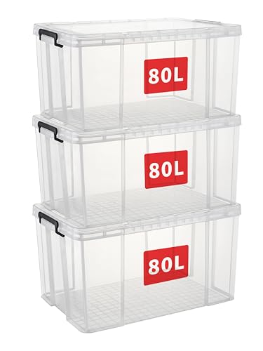 Cetomo 80L*3 Heavy-Duty Storage Boxes, Plastic Stackable Storage Box with Lids, Storage Bins with Reinforced Corners, Vertical Sides and Clip Closure, Durable, Sturdy, Transparent, 80L-3Pack