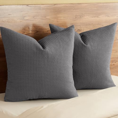 "PHF 100% Cotton Waffle Weave Throw Pillow Cover, 24"" x 24"", No Filling, 2 Pack Elegant Home Decorative Square Throw Pillow Covers for Bed Couch Sofa, Charcoal Grey"