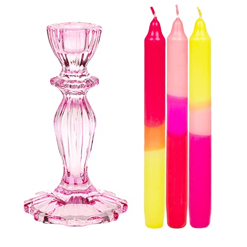 1 x Pink Coloured Glass Candlestick Candle Holder & 3 x Ombre Tapered Dinner Candles Unscented Wax Candlesticks for Her or Him, Neon Orange - Made by Talking Tables