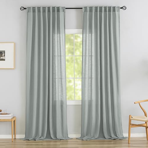 DONREN Back Tab Flax Linen Curtains 96 Inch Length 2 Panels Modern Farmhouse Curtains for Living Room -Hooks Belt Pinch Pleated Look Semi Sheer Curtains for Dining Room,8 FT Tall,Light Grey Colored