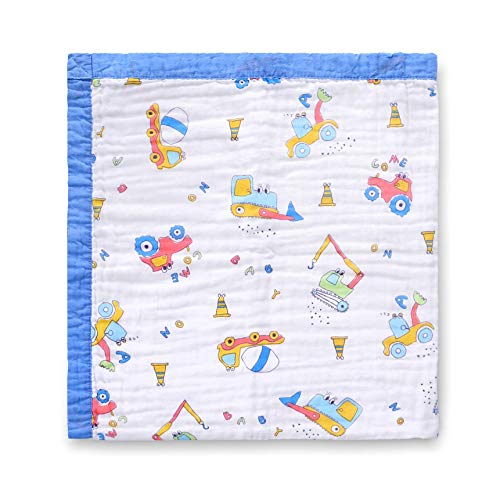 "Jay & Ava Muslin Cotton Baby Blanket for Newborn & Toddler, 4 Layers, Super Soft, Breathable Quilt, Stroller Blanket, Nursery & Crib Blanket, Shower Gift, 42"" x 42"" (Blue Digger)"