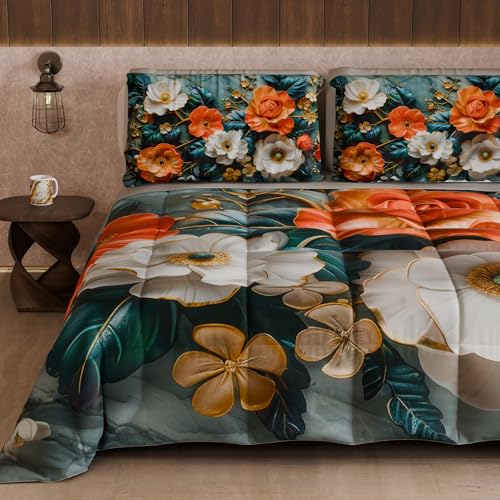 PETTI Artigiani Italiani - Winter Quilt, Winter Duvet, Double Sided Single Quilt Solid Colour and Digital Floral Print 05 18, 100% Microfibre, Made in Italy