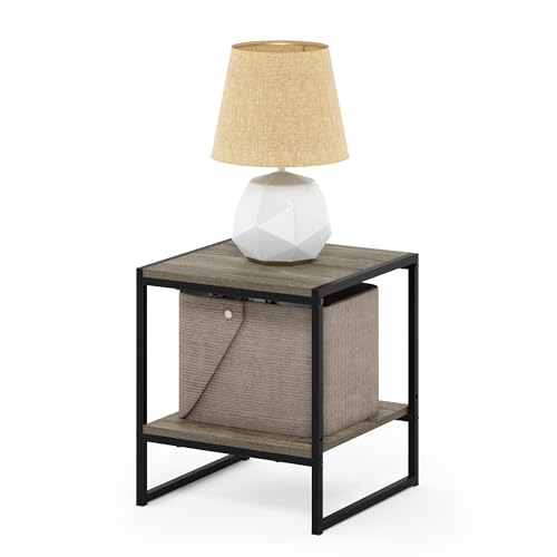 Furinno CAMNUS Side Table, 2-Tier Metal Frame End Table with Open Shelf, Easy Assembly Night Stand, Bedside Table, for Living Room, Bedroom, French Oak Grey