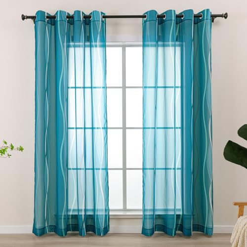 L.Z.E Teal Sheer Curtains for Living Room 96 Inches Long, Light Filtering Elegant Wave Patterned Curtains with Design, Lightweight Window Drapes for Bedroom Dining Room, Grommet Top 2 Panels Set