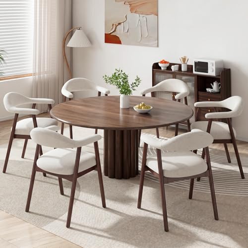 MALOL Wooden Dining Chairs Set of 6, Fabric Chairs for Dining Room with Armrest, Upholstered Kitchen Chairs with Curved Back and Wood Legs for Dining Room, Kitchen, Living Room, Beige