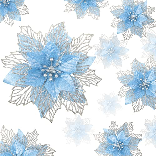 Geosar 36 Pcs 3 Size Christmas Poinsettia Flowers 3'' 4'' 6'' Tree Decorations Glitter Faux Flowers Xmas Artificial Poinsettia Ornaments New Year for Party Favor(Blue)