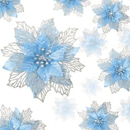 Geosar 36 Pcs 3 Size Christmas Poinsettia Flowers 3'' 4'' 6'' Tree Decorations Glitter Faux Flowers Xmas Artificial Poinsettia Ornaments New Year for Party Favor(Blue)