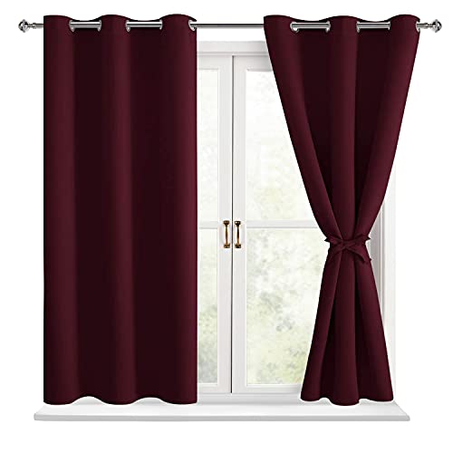 Hiasan Short Blackout Curtains for Bedroom - Thermal Insulated & Light Blocking Window Curtains for Living Room Christmas Decor, 2 Drape Panels Sewn with Tiebacks, Burgundy, 38 x 45 Inch