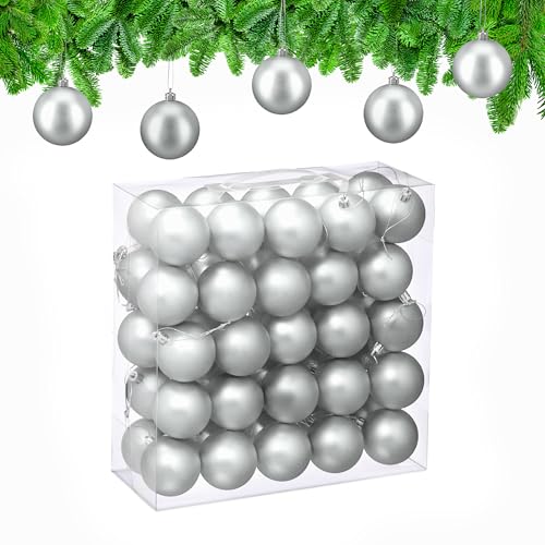 Relaxdays Christmas Baubles, Set of 50, Tree Ornaments, Holiday Decorations, Plastic, Shatterproof, 6 cm, Matte, Silver