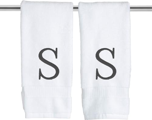 White with Dark Gray Monogrammed Hand Towels for Bathroom Set of 2 Letter S - Luxury Hotel Quality Initial Towels For Powder Room, Spa, GOTS Organic Certified
