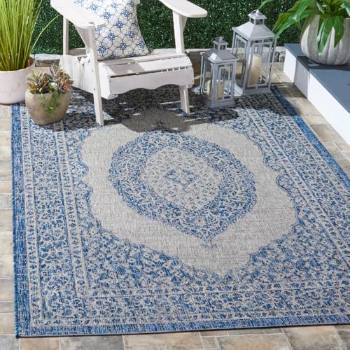 Safavieh Contemporary Indoor/Outdoor Woven Rectangle Area Rug, Courtyard Collection, CY8751, in Light Grey / Blue, 160 X 231 cm for Garden, Patio or Any Outdoor Space