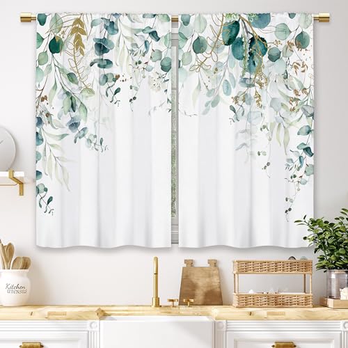 Laifzere Sage Mint Green Gold Eucalyptus Kitchen Curtains Botanical Leaves Small Short Cafe Window Curtains Watercolor Plant Floral Bathroom Drapes Treatment Tier Curtains 2 Panels (27.5x39 Inch)