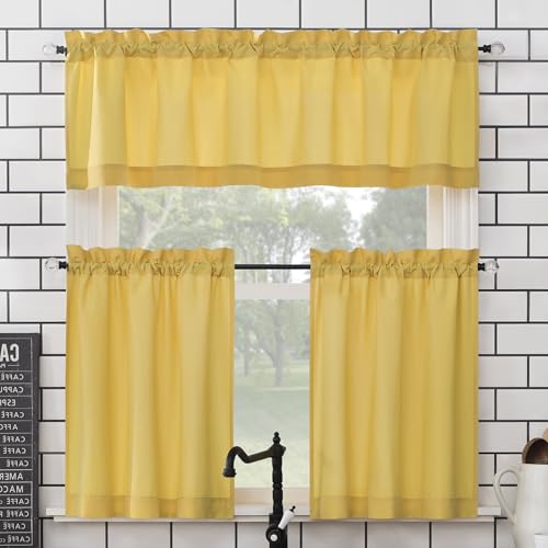 "No. 918 Martine Microfiber Semi-Sheer Rod Pocket Kitchen Curtain Valance and Tiers Set, 54"" x 24"", Yellow"