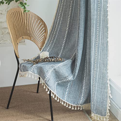 "Sutuo Home Blue Boho Curtains for Bedroom Living Room, Semi-Blackout French Country Striped Linen Vintage Shabby Chic Tassels Hollow Window Treatment Bohemian Drape, 1 Panel 52"" W x 96"" L"