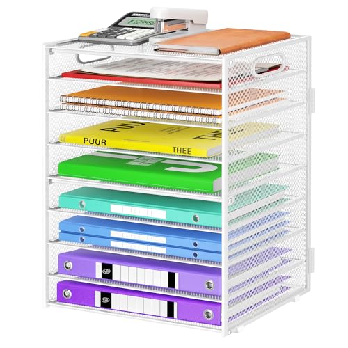 Cawukege 9 Tier Paper Organizer with Handle, Large Capacity Desk Organizer Mesh File Folder Organizer Letter Paper Tray Desktop Document Sorter for Classroom, School, and Office Organization- White