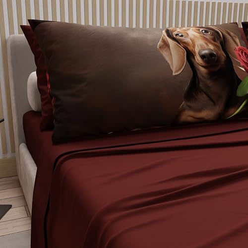 PETTI Artigiani Italiani - Bed Linen Animals with Dogs in Cotton with Pillowcases in Digital Print, Single Bed Sheet, Bordeaux Single Bed Set, 100% Made in Italy