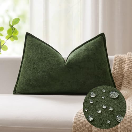 Kevin Textile 12x20 Inch Lumbar Pillow Cover 1 Pack Soft Boucle Textured Decorative Waterproof Rectangle Cushion Elegant Accent Pillow for Couch Sofa Chair Bed Home Decor Indoor Outdoor Moss Green