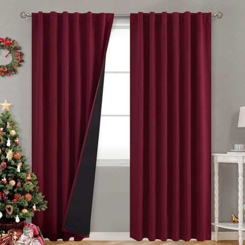 BGment 100% Blackout 80 Inch Curtains with Thermal Insulation Liner, Rod Pocket and Back Tab Double Layer Room Darkening Window Treatment Drapes for Living Room (52 x 80 Inch, 2 Panels, Burgundy Red)