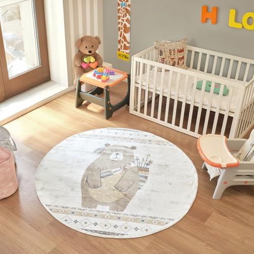Livabliss Oursigene Bear Kids Washable Design – Bedroom 160x160 cm, Children Animal Theme for Girls Boys, Playroom Nursery Use, Machine Washable, Beige