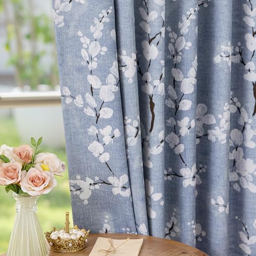 FMFUNCTEX 100% Blackout Floral Curtains for Bedroom, Blue Curtains 96 inch Length Blossom Flower Patterned for Living Room, Thermal Insulated Farmhouse Drapes, Rod Pocket 2 Panels (White on Blue)