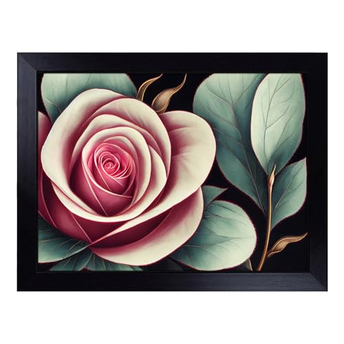 Lap Tray with Bean Bag Cushion, Splendid Rose Flower - Handmade in the UK, Raised Wooden Edge, Padded Cushion, Heat-Resistant Wipe-Clean Surface, for Meals, Laptops and Crafts
