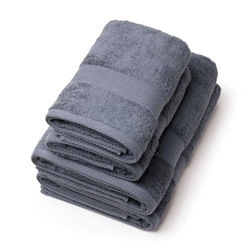 Pure Cotton Set of 4 Bath Towels 570 g/m² - Oeko-TEX Certified - Machine Washable at 40°C - 2 Towels (50 x 100 cm) + 2 (70 x 140 cm) - Blue Grey