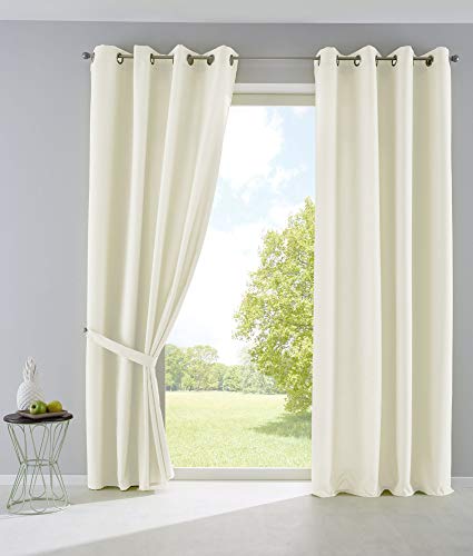 Gardinenbox Palermo Opaque Curtains with Eyelets and Tiebacks 100% Polyester Cream 245 x 140 cm Set of 2